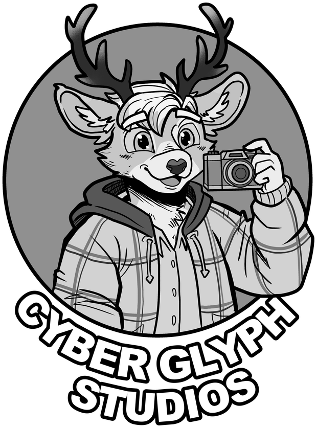 Cyber Glyph Studios logo: Glyph in a plaid jacket raising a camera, inside a circular badge