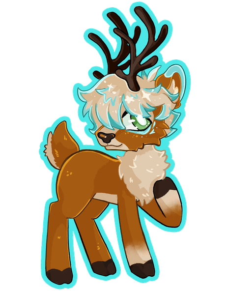 Chibi sticker of Glyph outlined in cyan, standing on all fours