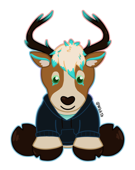 Small round drawing of Glyph sitting down in a dark hoodie