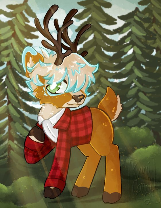 Glyph standing in a pine forest in a red plaid shirt