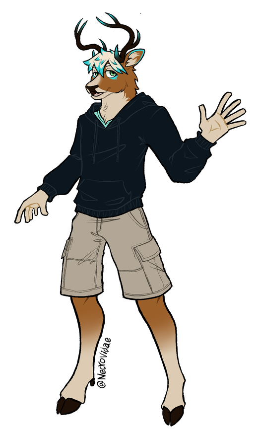 Full body drawing of Glyph standing in a dark hoodie and cargo shorts, one hand raised in a wave
