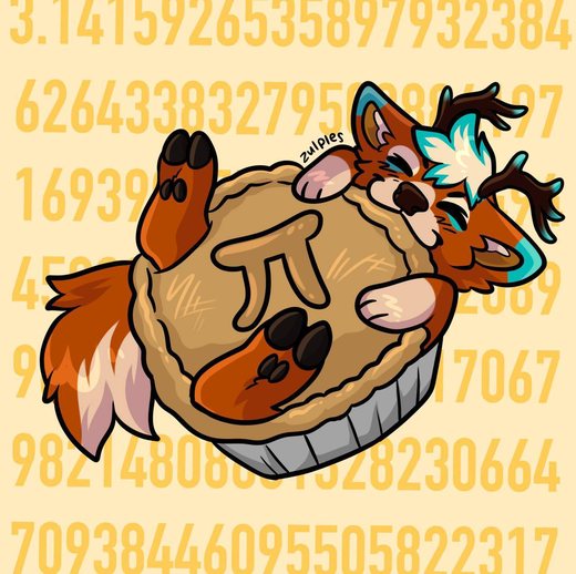 Glyph curled up asleep on top of a pie, with the digits of pi printed behind