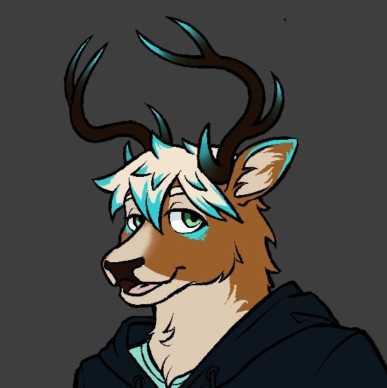 Bust portrait of Glyph in a dark hoodie, antlers tipped in cyan