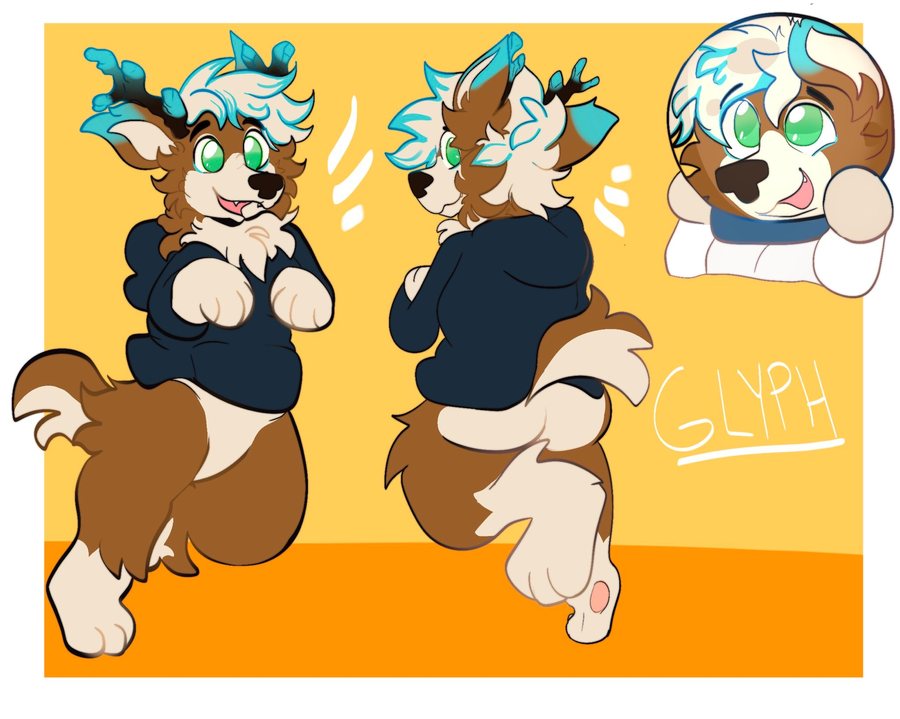 Reference sheet showing Glyph from the front and back in a dark sweater, plus a rounded head study