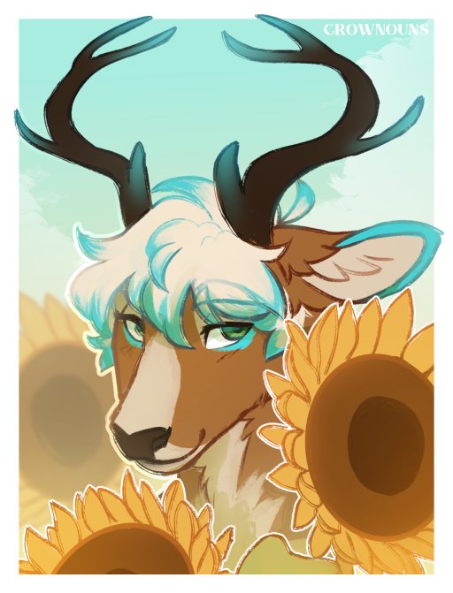 Headshot of Glyph among sunflowers against a pale blue sky