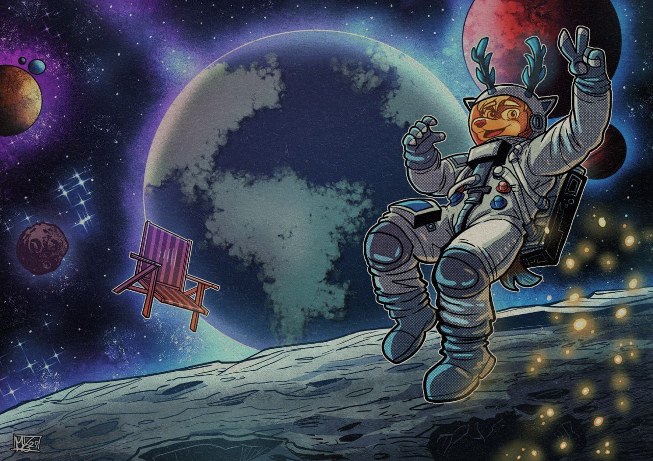 Illustration of Glyph, an antlered deer in a white spacesuit, drifting above a gray moon with a striped deck chair floating nearby.